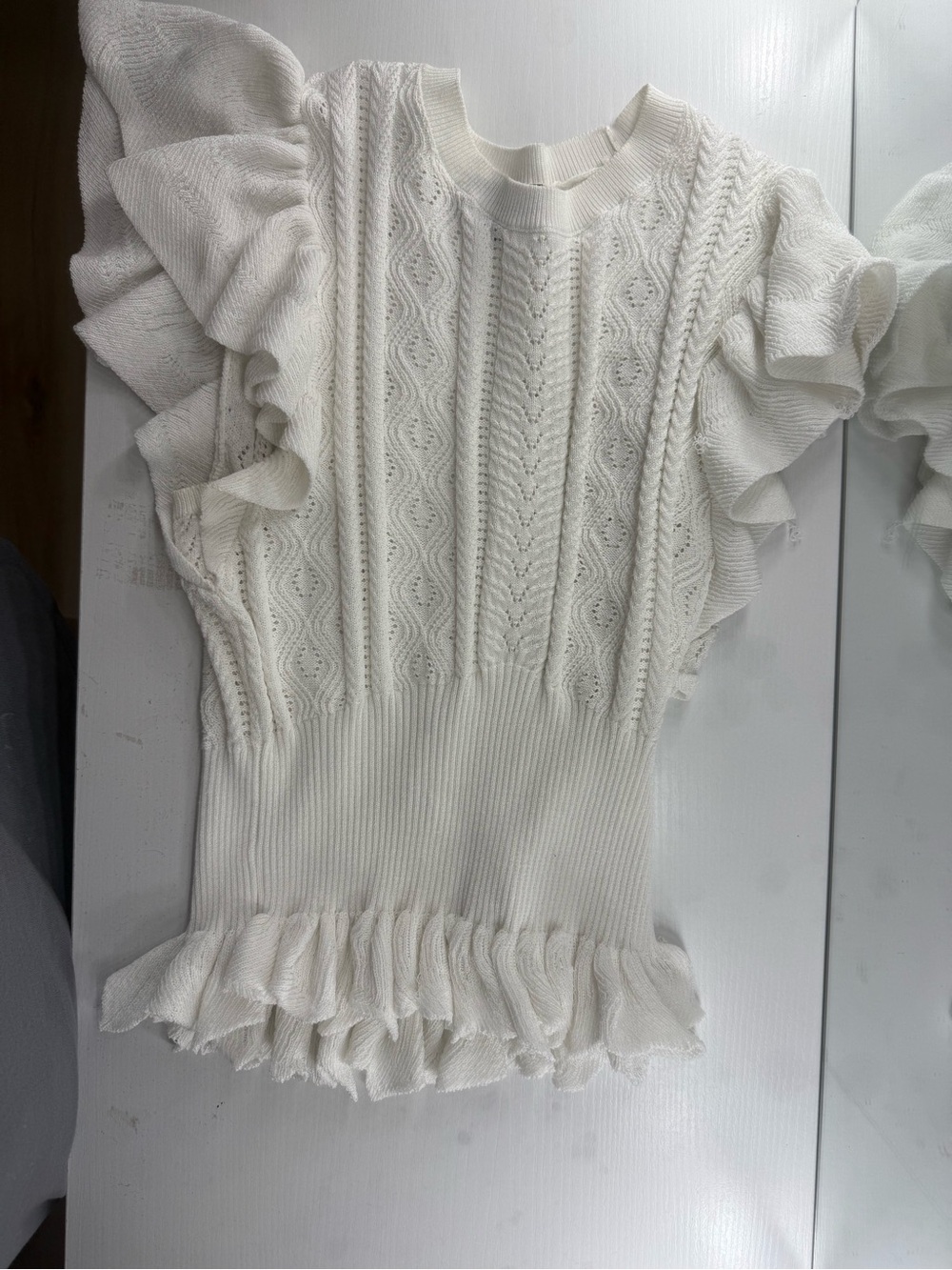 Express Ivory Knit Sweater Top with Ruffle Detail